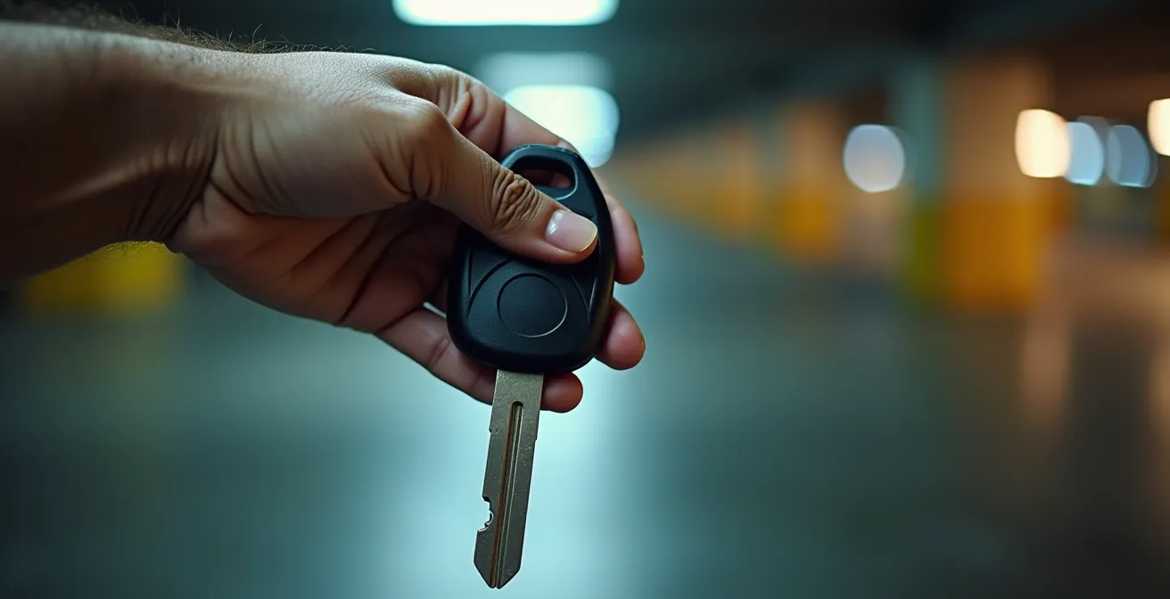 Gros plan sur une main tenant des clés de voiture avec arrière-plan de parking moderne