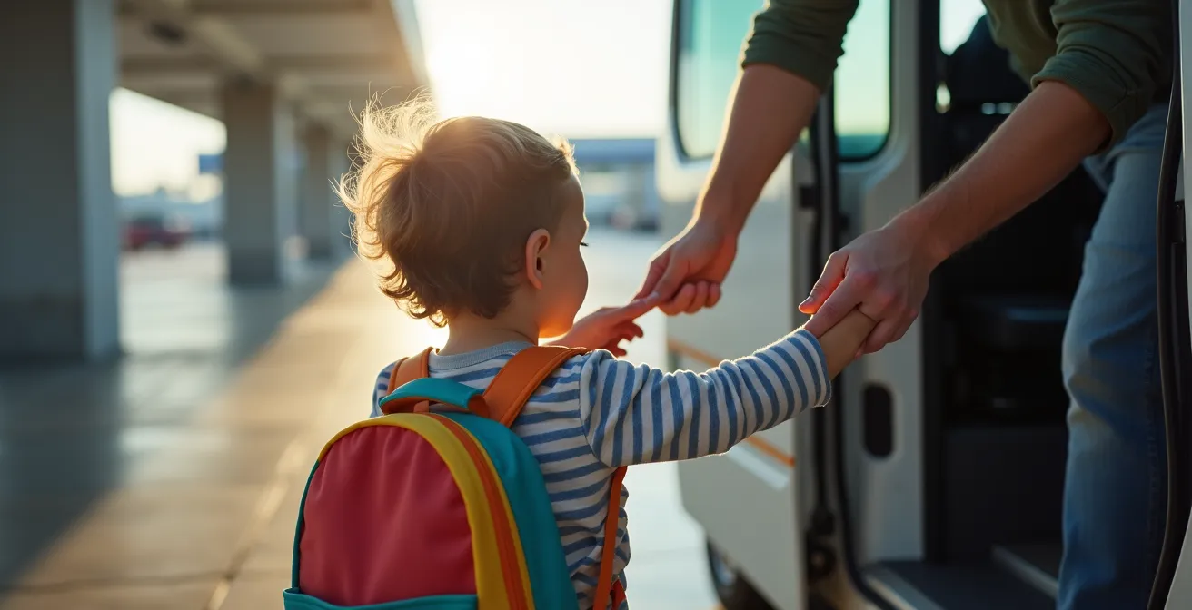 Famille avec bagages montant dans une navette moderne près de l'aéroport