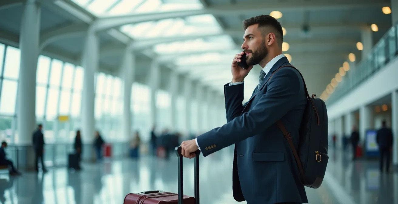 Personne au téléphone dans un hall d'aéroport moderne avec valises, expression concentrée