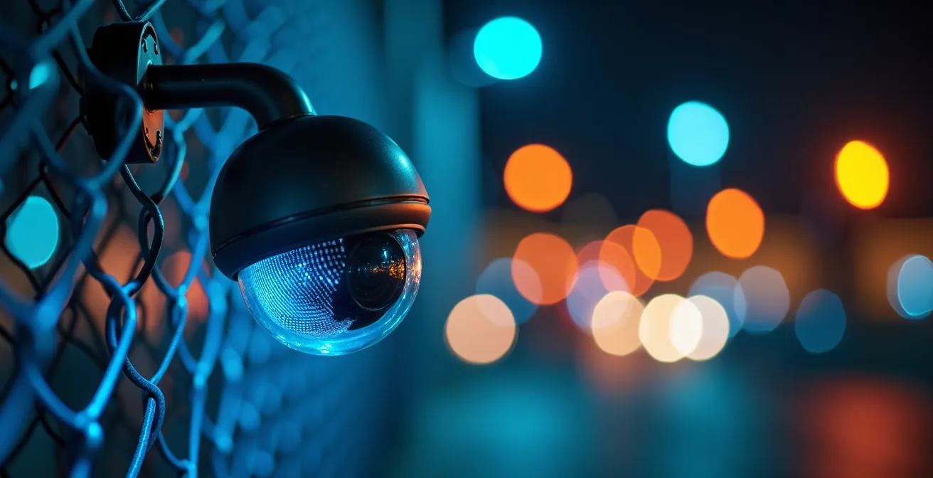 Système de surveillance moderne dans un parking sécurisé la nuit