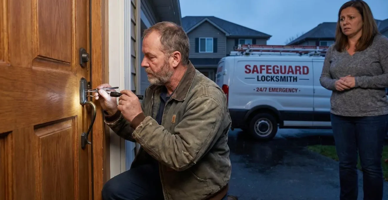 Artisan serrurier professionnel réalisant une intervention d'urgence sur une porte d'habitation.
