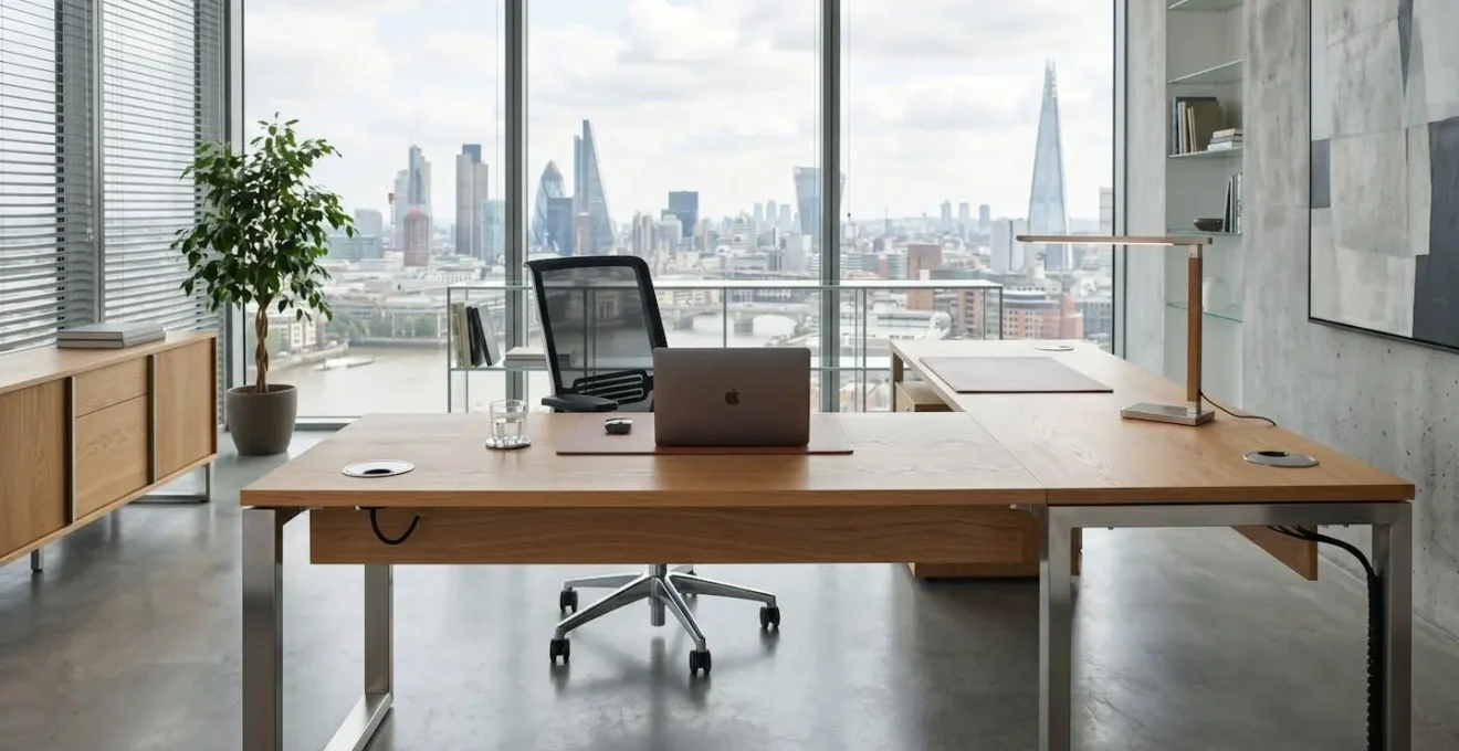 Vue d'ensemble d'un bureau de direction en angle avec retour latéral et gestion de câbles intégrée