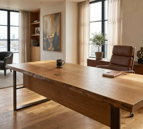 Bureau de direction en bois massif avec finitions métal dans un espace professionnel lumineux