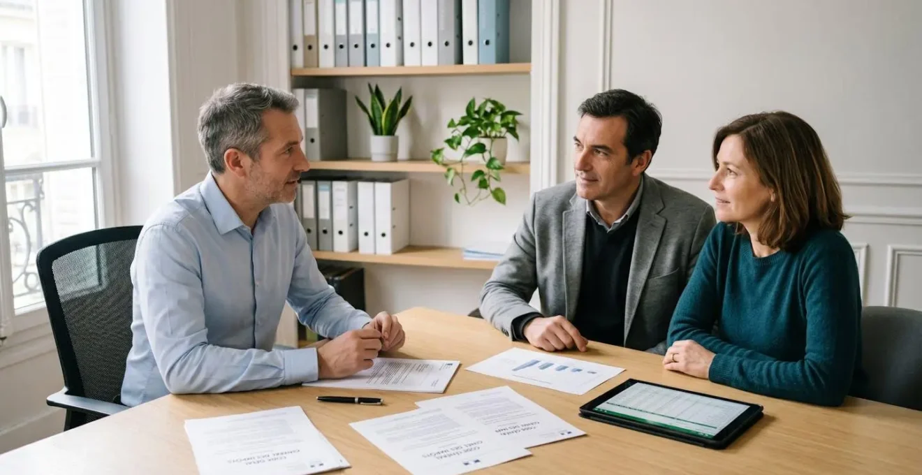 Conseiller financier et couple de clients assis autour d'une table dans un bureau moderne, examinant des documents fiscaux français relatifs à l'assurance vie et au Code Général des Impôts, avec tablette et graphiques de rendement, lumière naturelle douce
