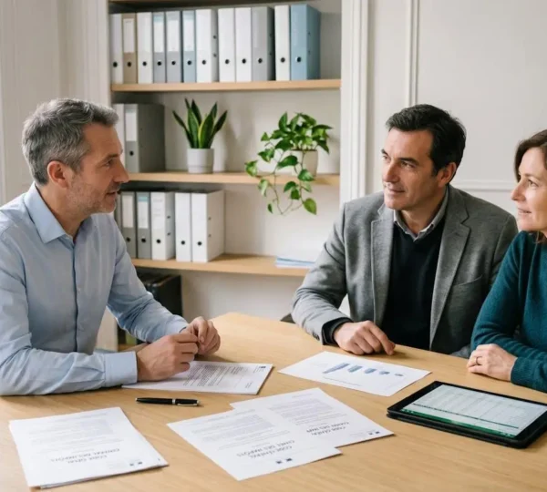 Conseiller financier et couple de clients assis autour d'une table dans un bureau moderne, examinant des documents fiscaux français relatifs à l'assurance vie et au Code Général des Impôts, avec tablette et graphiques de rendement, lumière naturelle douce