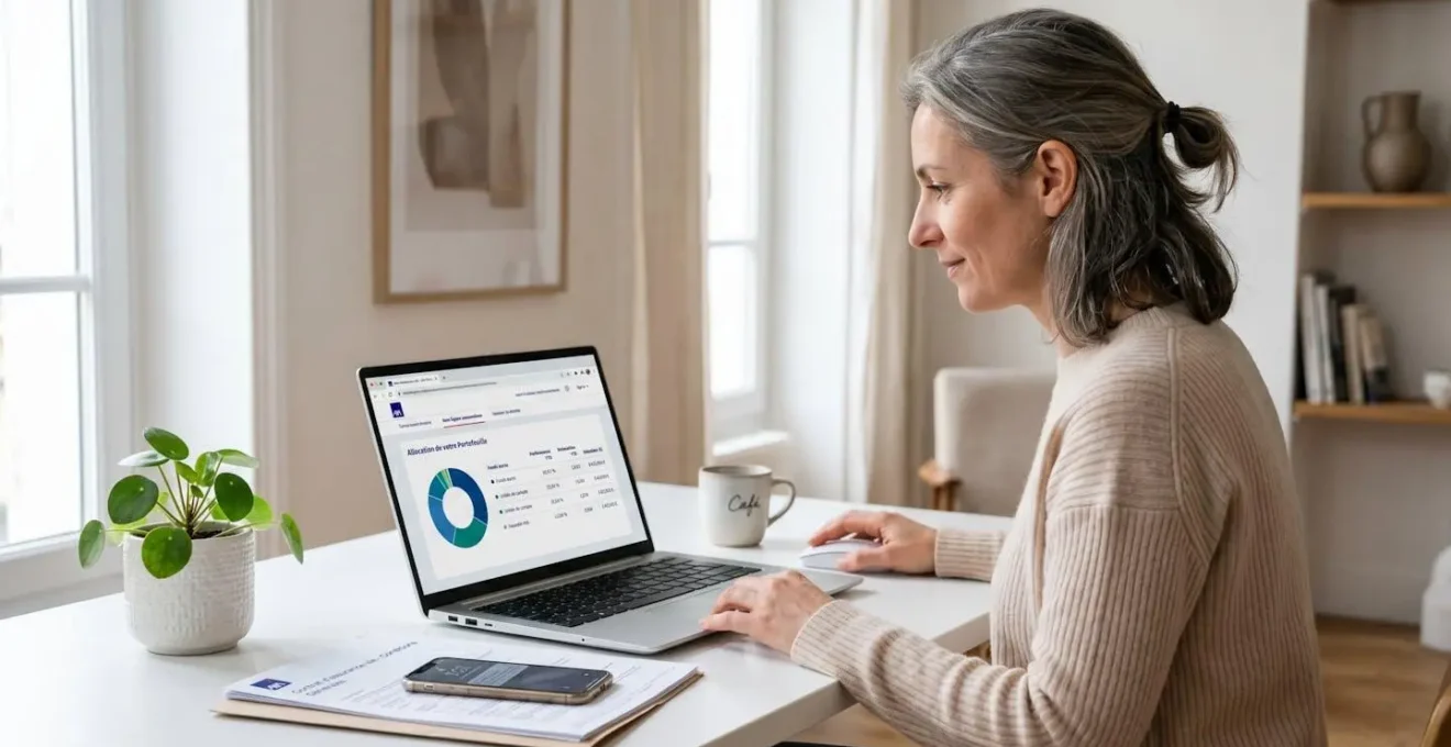 Femme de 40 ans assise devant ordinateur affichant interface allocation assurance vie française avec colonnes fonds euros et unités de compte, documents contrat et plante verte sur bureau blanc moderne, lumière douce
