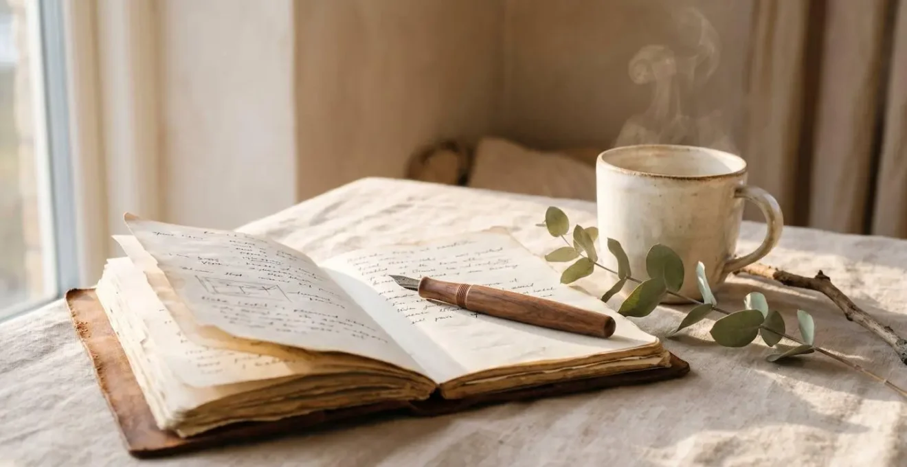 Nature morte minimaliste présentant un carnet en cuir ouvert, un stylo en bois précieux, une tasse en céramique fumante et une branche d'eucalyptus sec sur fond beige, éclairés par une lumière latérale douce