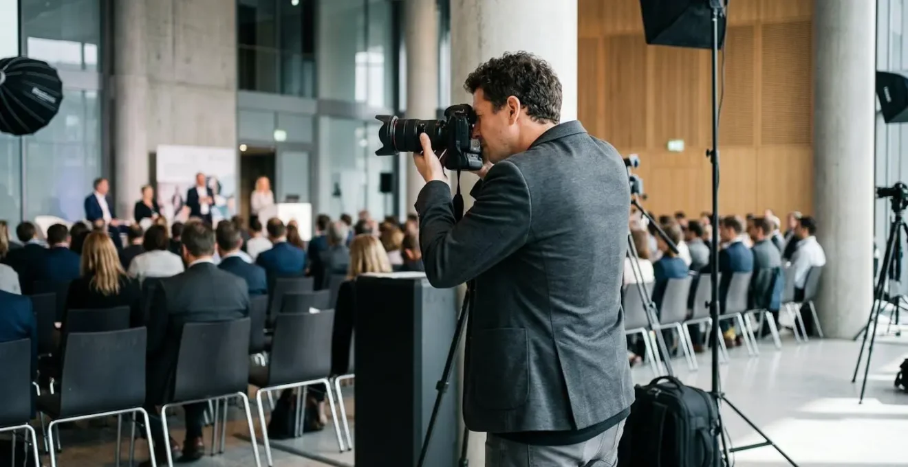 Photographe professionnel de dos cadrant une scène lors d'un événement corporate, environnement de travail réel avec équipement photo visible en arrière-plan