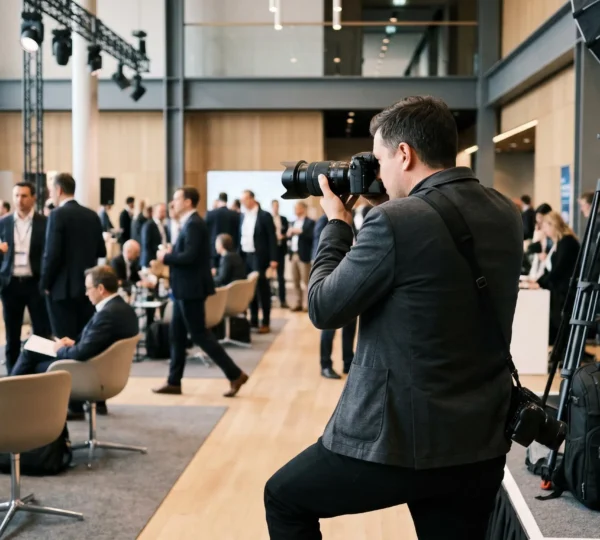 Photographe professionnel de dos cadrant une scène lors d'un événement corporate, environnement de travail réel avec équipement photo visible en arrière-plan