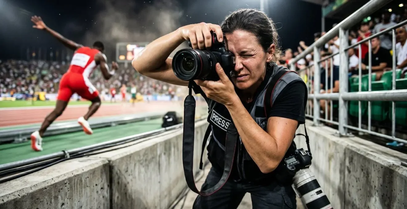 Photographe professionnel en action lors d'un événement sportif, cadrage serré sur le geste de prise de vue avec sujet flou en arrière-plan
