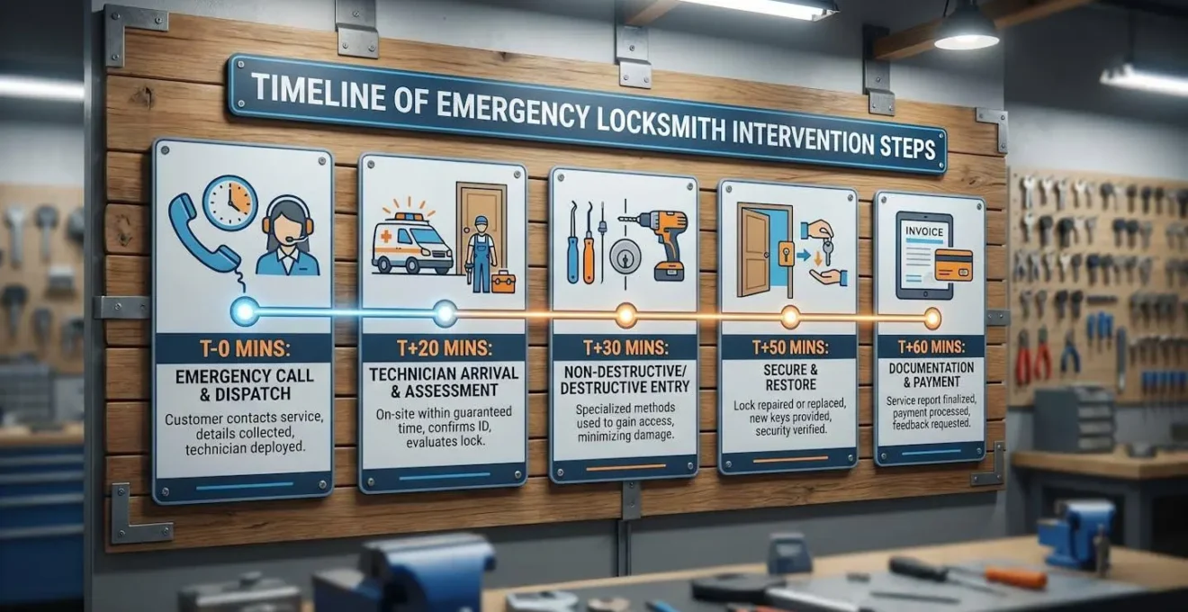 Timeline des étapes d'une intervention de serrurerie d'urgence.