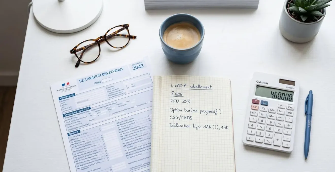 Vue aérienne d'un bureau avec formulaire fiscal français 2042, calculatrice, notes manuscrites mentionnant abattement 4 600 euros et seuil 8 ans assurance vie, café et lunettes, lumière naturelle