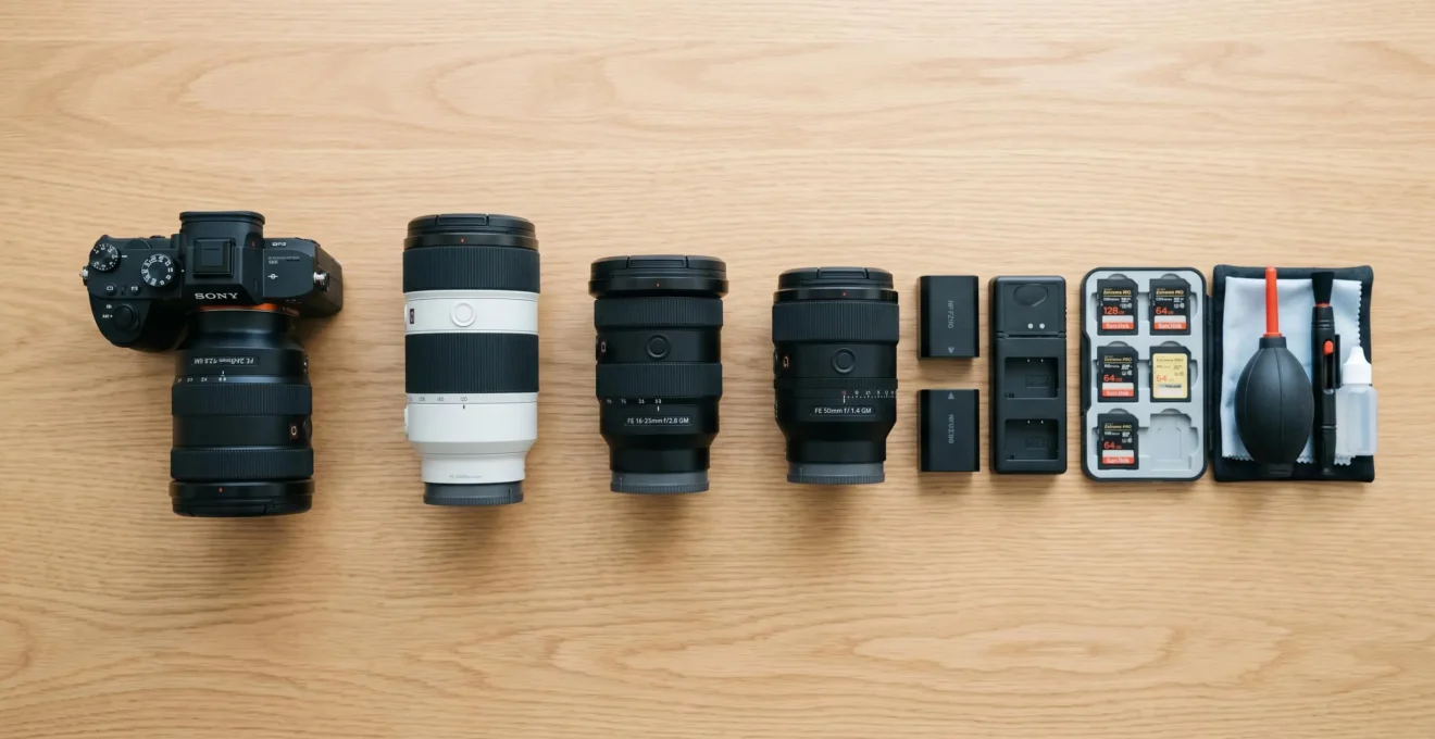 Vue de dessus d'un sac photo professionnel ouvert avec boîtier, objectifs et accessoires disposés de façon organisée sur surface claire