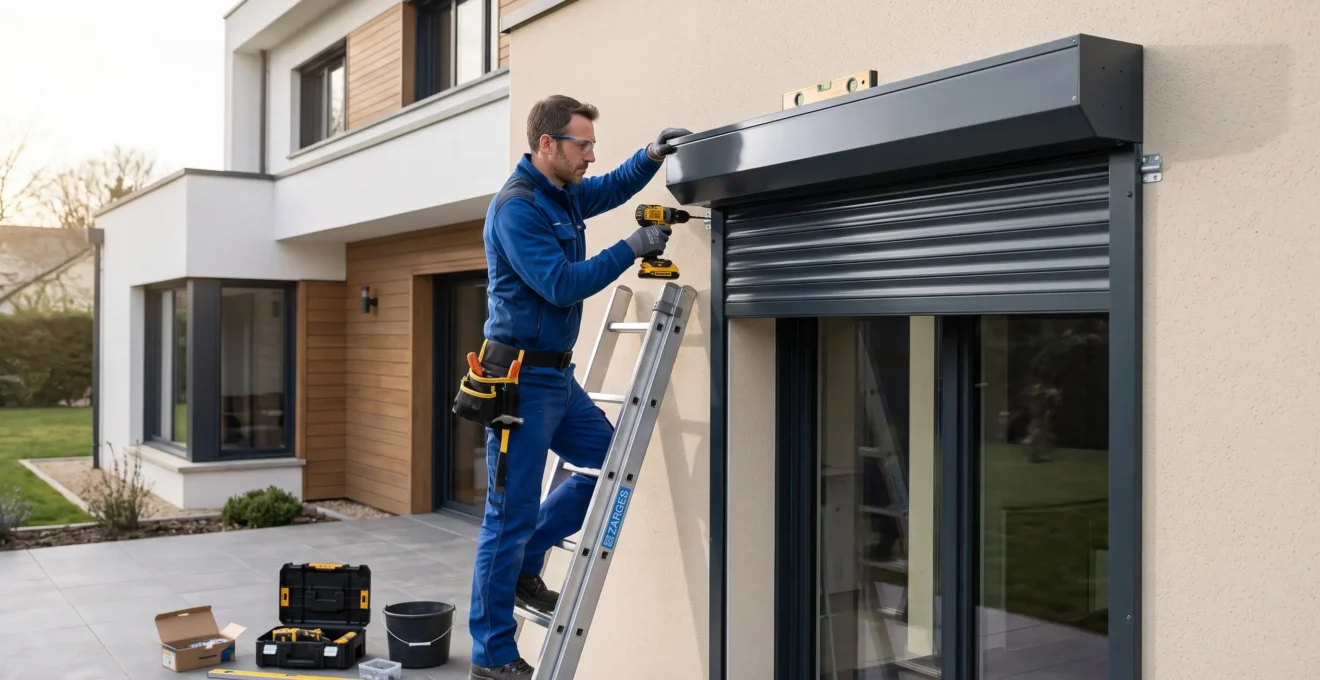 Artisan menuisier installant un volet roulant aluminium gris anthracite sur la façade d'une maison contemporaine française, avec échelle et outils de pose visibles en lumière naturelle