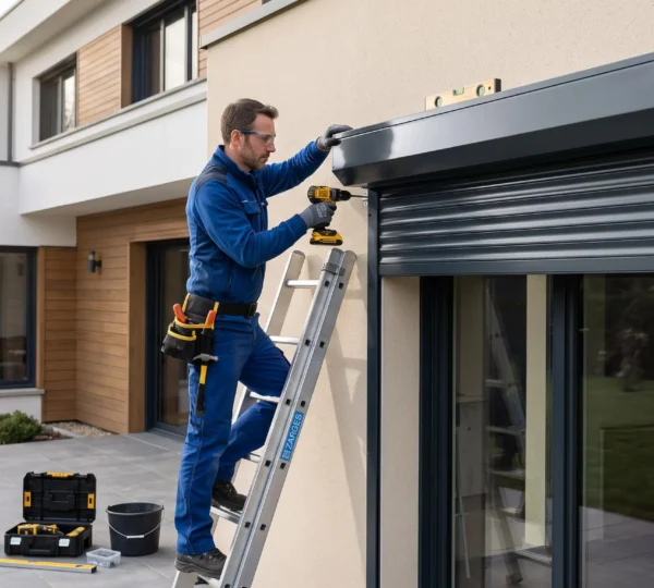Artisan menuisier installant un volet roulant aluminium gris anthracite sur la façade d'une maison contemporaine française, avec échelle et outils de pose visibles en lumière naturelle