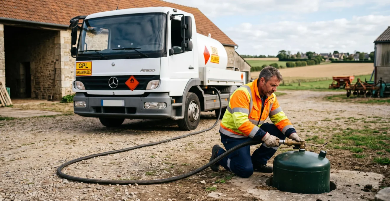 Camion-citerne de livraison GPL stationné en zone rurale française, technicien-livreur en action connectant le flexible de remplissage à une citerne au sol, paysage bocager en arrière-plan sous lumière naturelle.