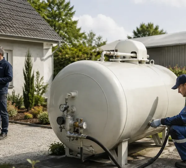 Citerne de gaz propane cylindrique blanche installée sur un terrain professionnel en zone rurale française, entourée de végétation basse, avec bâtiment contemporain en arrière-plan sous lumière naturelle douce.