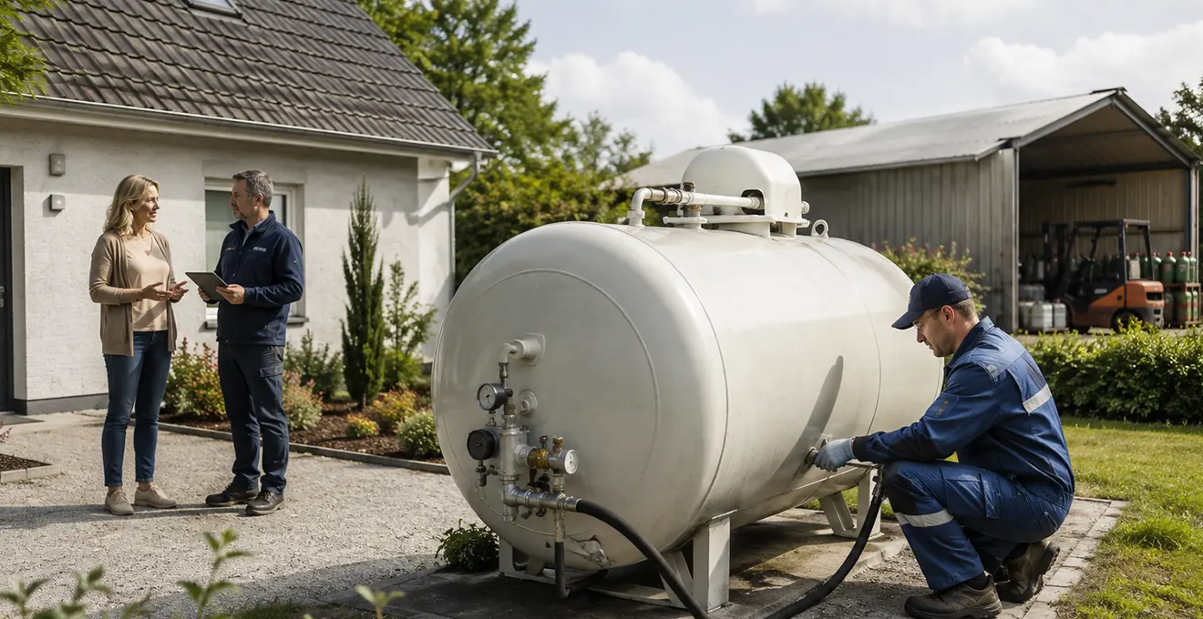 Citerne de gaz propane cylindrique blanche installée sur un terrain professionnel en zone rurale française, entourée de végétation basse, avec bâtiment contemporain en arrière-plan sous lumière naturelle douce.