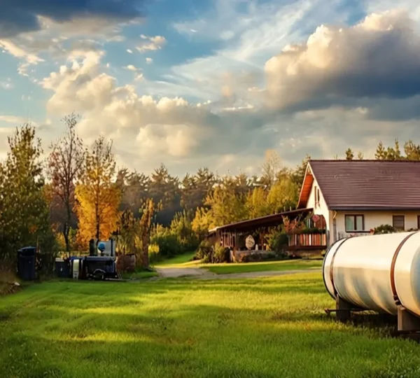 Citerne de gaz propane cylindrique blanche installée sur un terrain professionnel en zone rurale française, entourée de végétation basse, avec bâtiment contemporain en arrière-plan sous lumière naturelle douce.