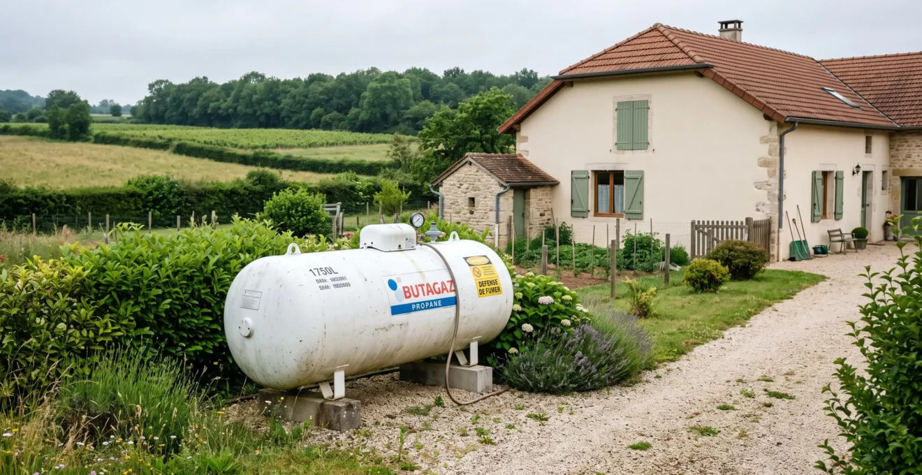 Citerne de gaz propane cylindrique blanche installée sur un terrain professionnel en zone rurale française, entourée de végétation basse, avec bâtiment contemporain en arrière-plan sous lumière naturelle douce.