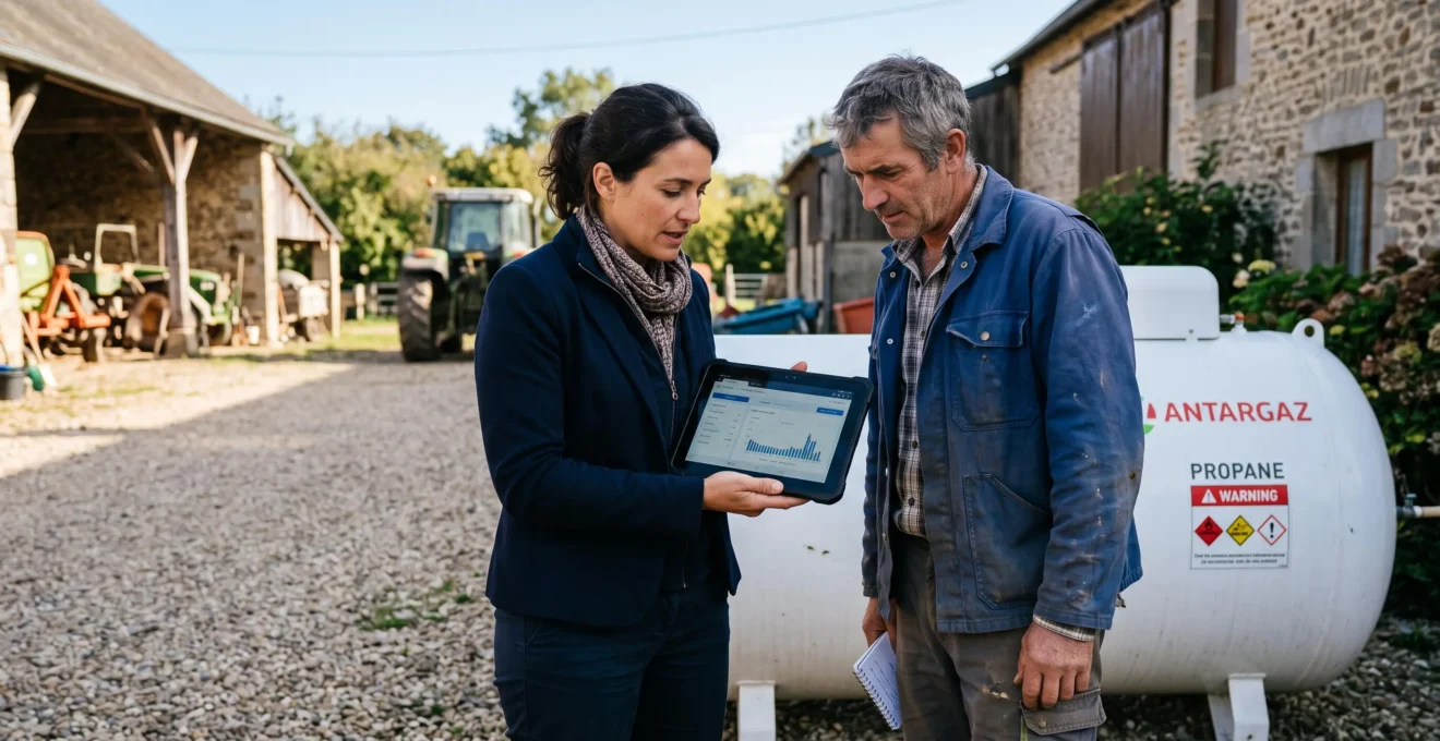 Conseillère énergie et client professionnel en discussion devant une citerne de gaz propane sur un site professionnel français, consultant une tablette en lumière naturelle.