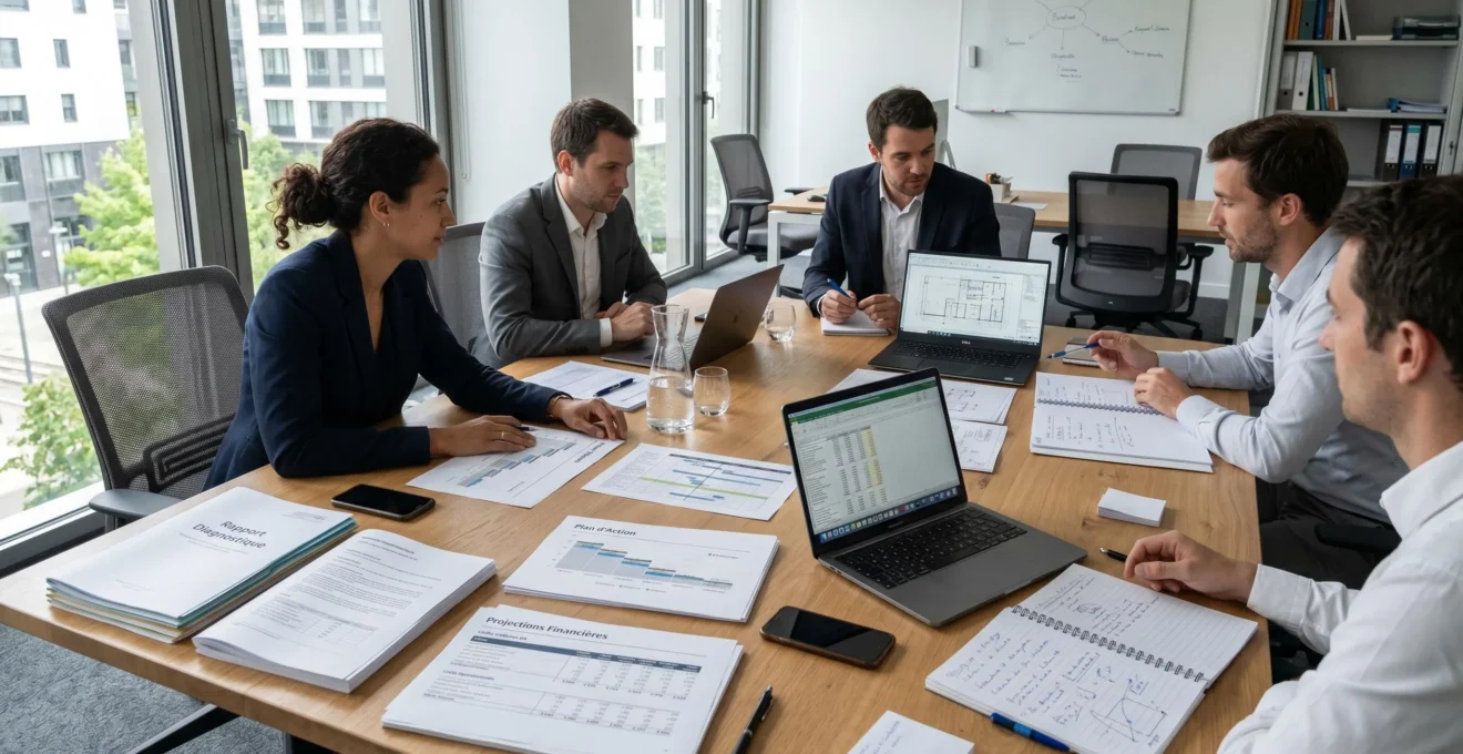 Documents de synthèse du diagnostic énergétique et plan d'action disposés sur table de réunion professionnelle