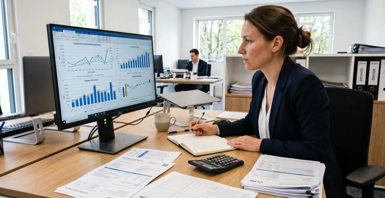Écran d'ordinateur affichant des graphiques d'analyse de consommation énergétique avec documents techniques sur un bureau professionnel