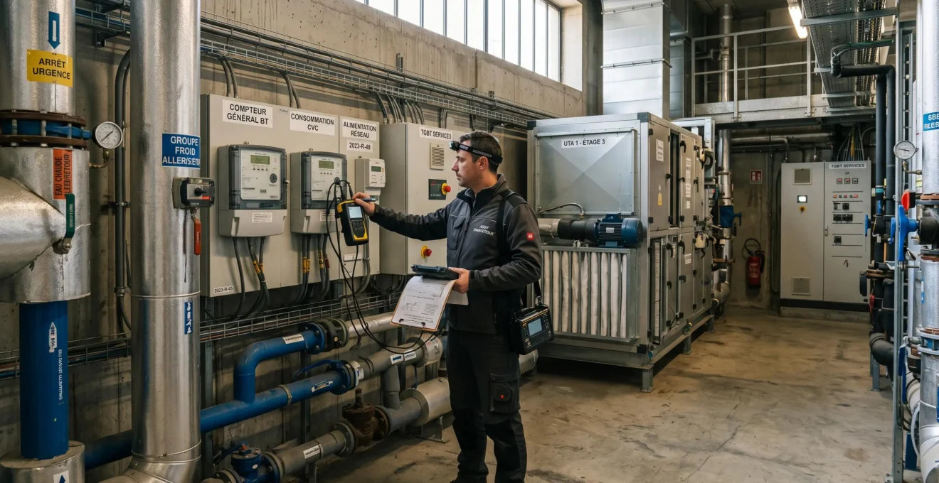 Ingénieur réalisant un diagnostic énergétique dans le local technique d'un bâtiment tertiaire, examinant les équipements de chauffage et les compteurs