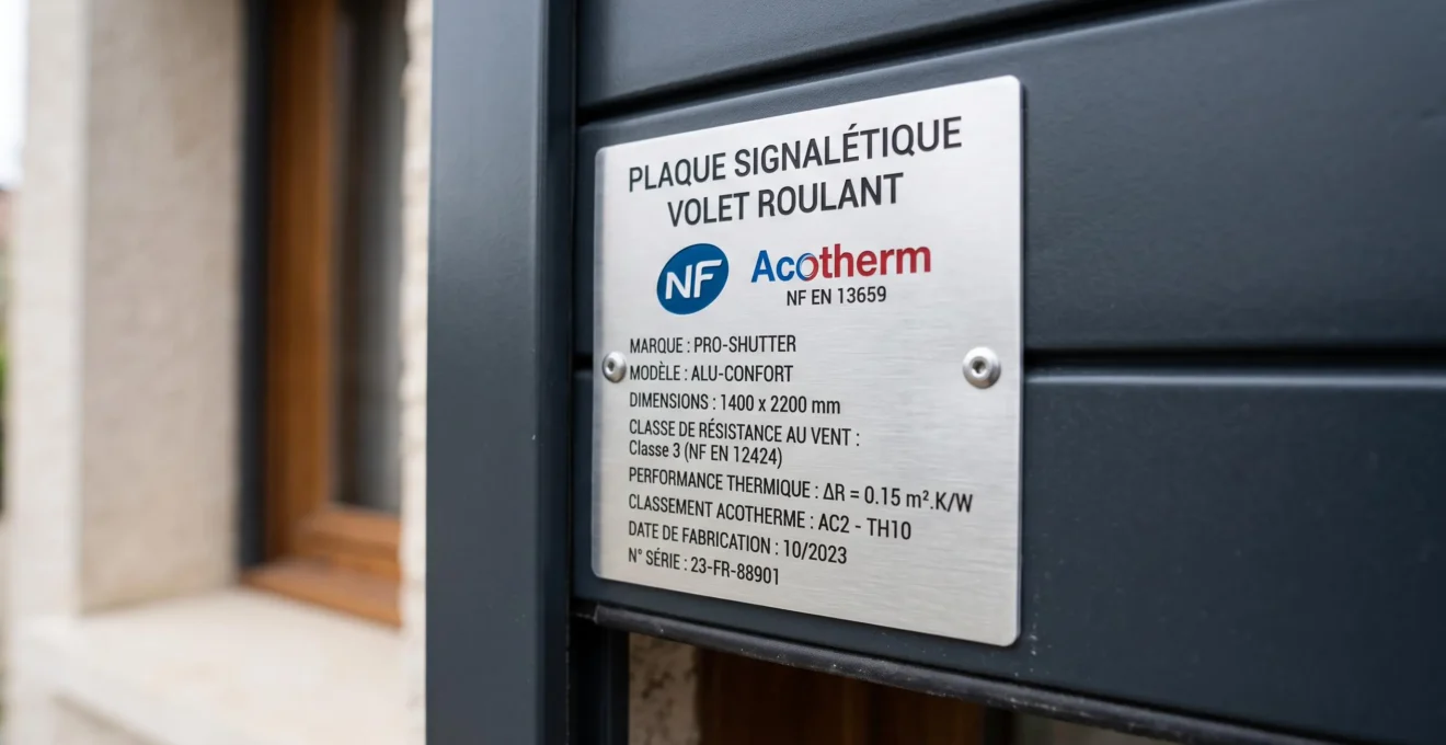 Plaque signalétique en aluminium brossé d'un volet roulant affichant les logos de certification NF EN 13659 et Acotherm avec caractéristiques techniques gravées en français