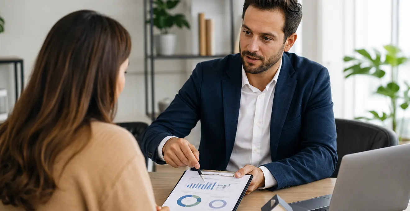 Conseillère énergie et client professionnel en discussion devant une citerne de gaz propane sur un site professionnel français, consultant une tablette en lumière naturelle.