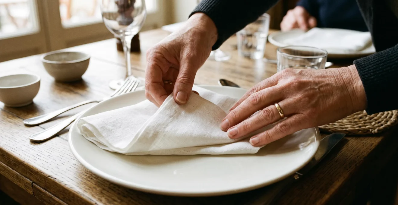 Gros plan sur des mains pliant délicatement une serviette en lin blanc, montrant la texture naturelle du tissu et le geste précis