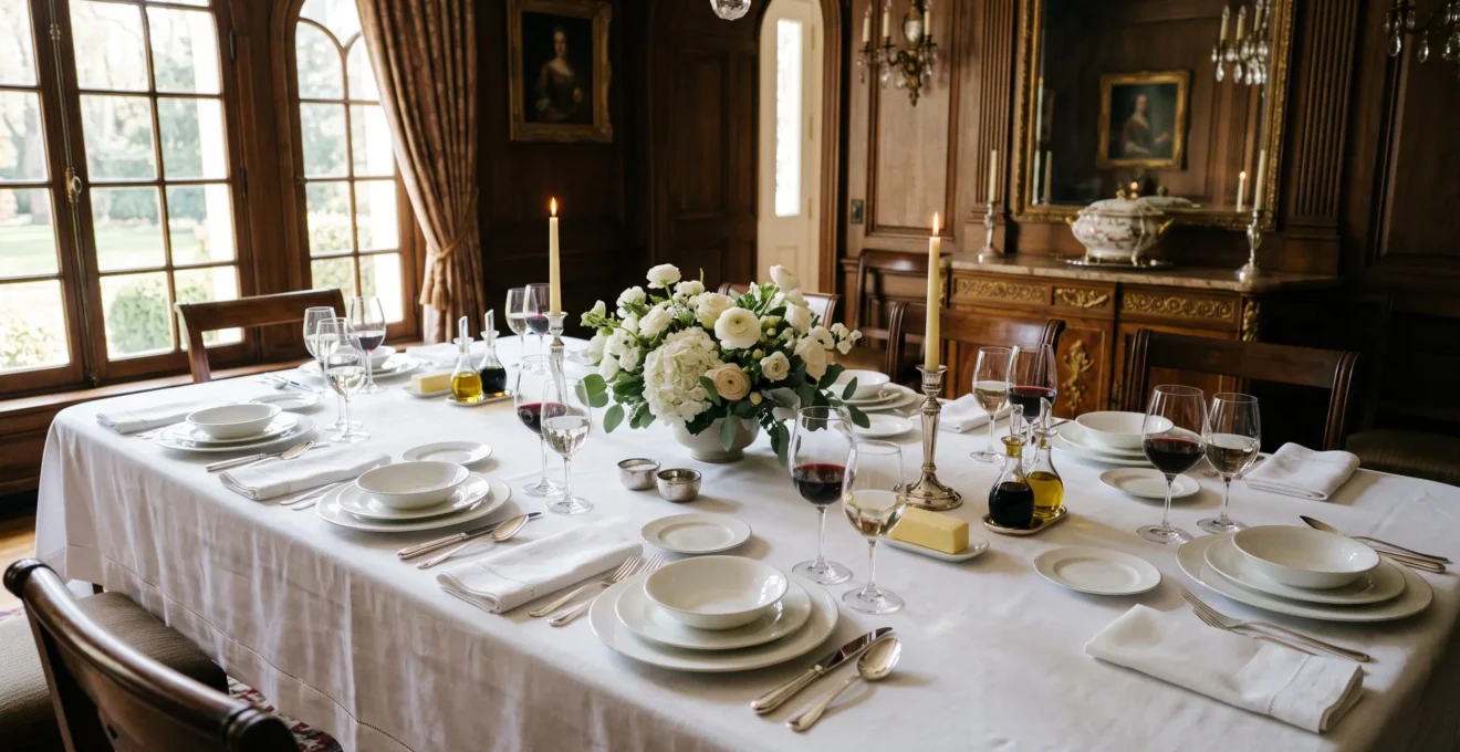 Table élégamment dressée avec vaisselle en porcelaine blanche, verres en cristal, couverts en argent et linge de table blanc, plusieurs couverts alignés dans une salle à manger française