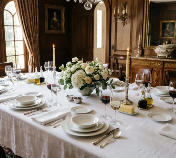 Table élégamment dressée avec vaisselle en porcelaine blanche, verres en cristal, couverts en argent et linge de table blanc, plusieurs couverts alignés dans une salle à manger française