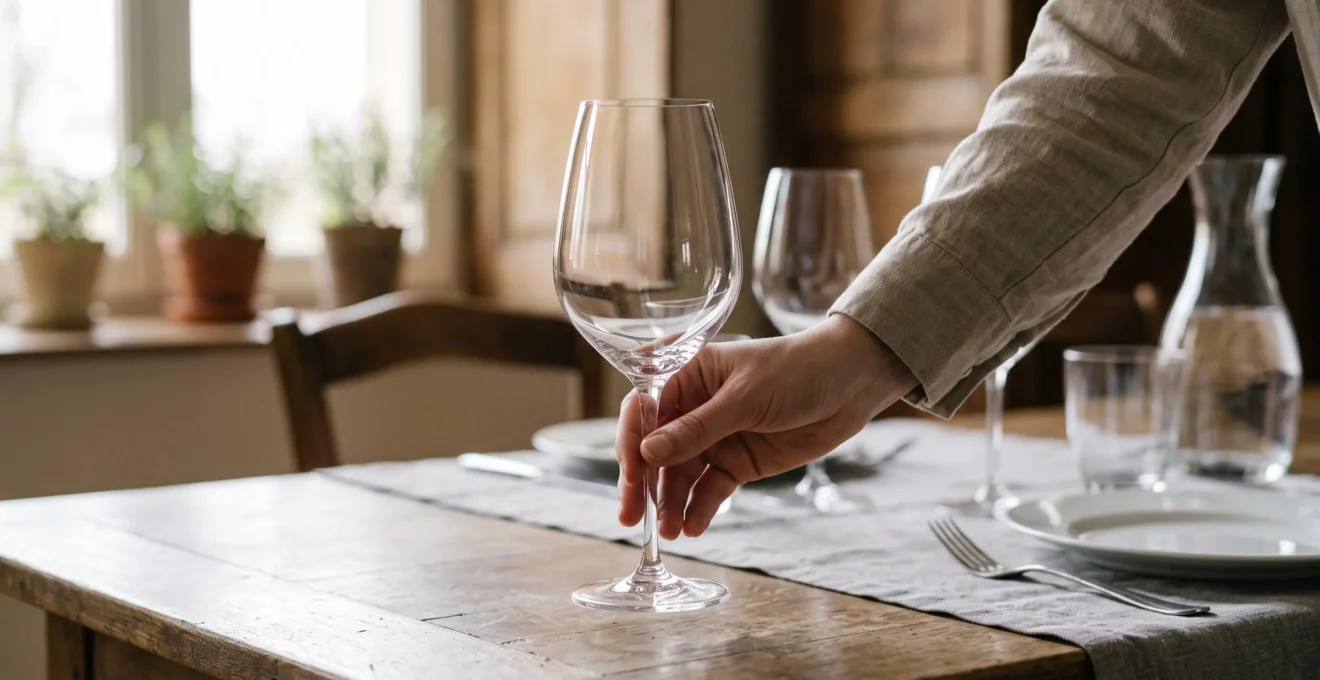 Gros plan sur une main positionnant délicatement un verre à vin en cristal transparent, lumière naturelle traversant le verre révélant sa qualité