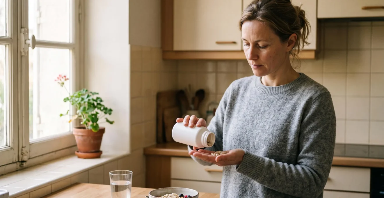 Une femme verse des gélules de complément alimentaire dans sa main dans une cuisine lumineuse, à côté d'un verre d'eau.
