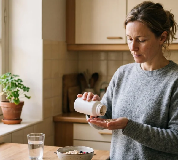 Une femme verse des gélules de complément alimentaire dans sa main dans une cuisine lumineuse, à côté d'un verre d'eau.