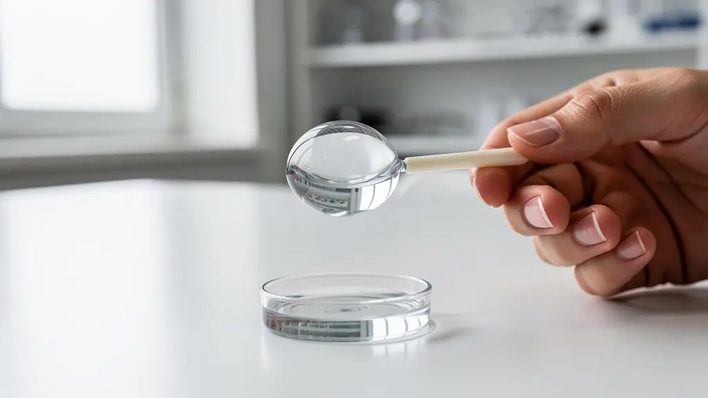 Vue rapprochée d'une lentille sclérale transparente remplie de solution physiologique posée sur un applicateur au-dessus d'un godet.