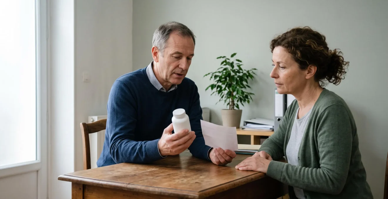 Un médecin explique à une patiente assise en face de lui les informations figurant sur un flacon de complément alimentaire dans un cabinet médical.