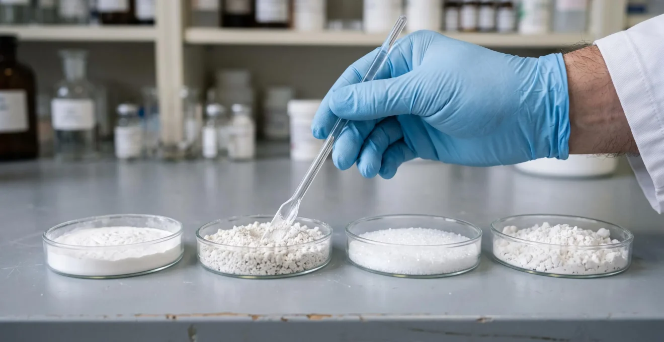Gros plan sur une main gantée de pharmacien comparant différentes poudres minérales blanches dans des petites coupelles en verre.