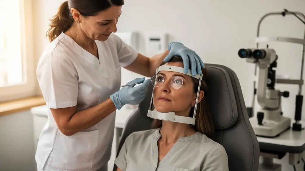 Une praticienne adapte une lentille de contact sclérale sur l'œil d'une patiente assise dans une salle d'examen d'optométrie.