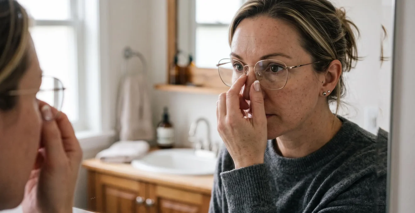 Une personne ajuste les plaquettes nasales de ses lunettes métal devant un miroir.