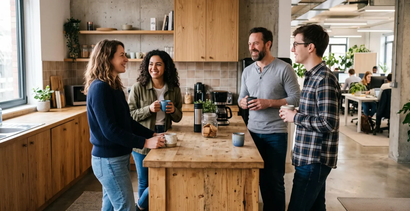 Une équipe discute autour d'un café lors de l'intégration d'un nouveau collaborateur.