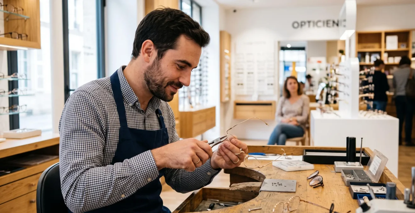 Un opticien ajuste les plaquettes d'une monture métal avec une petite pince en atelier.