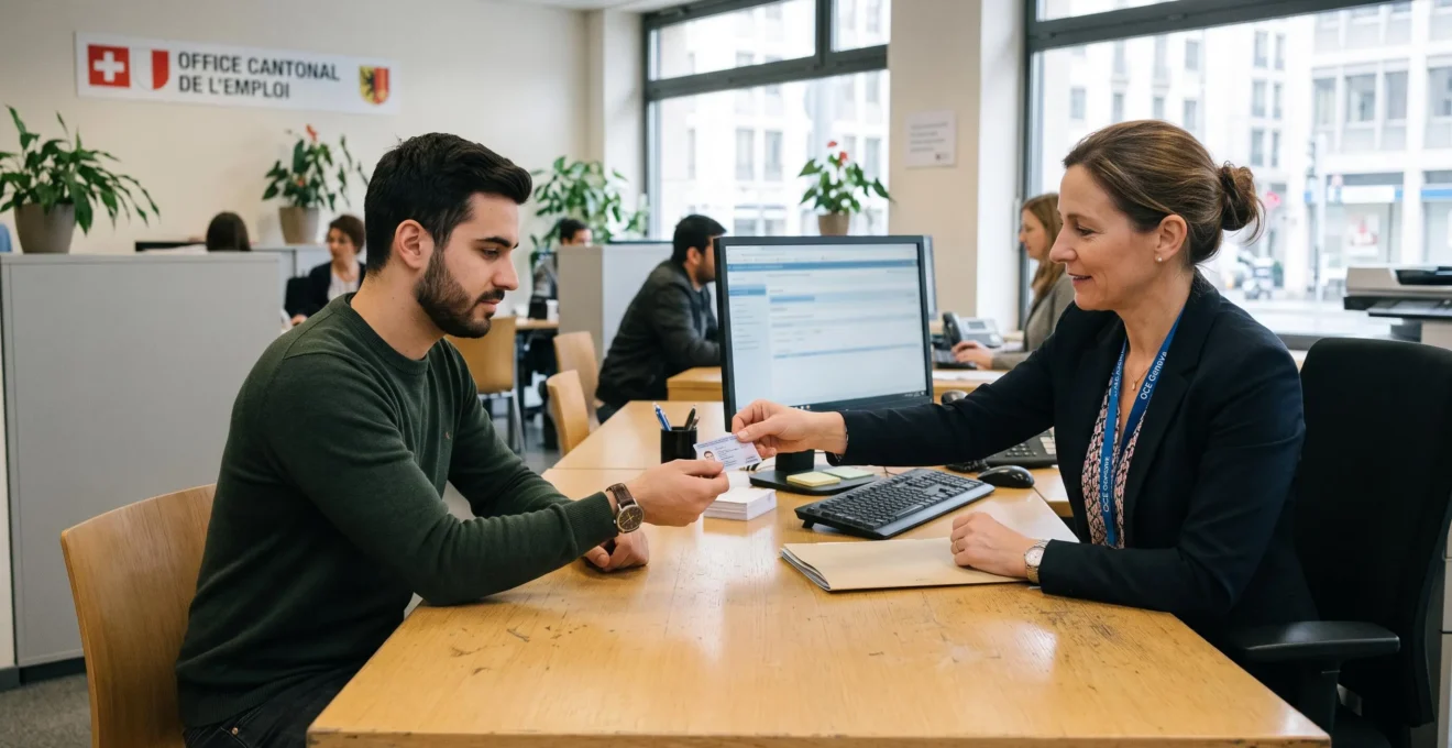 Un conseiller remet un permis de travail à un candidat au guichet d'une administration.