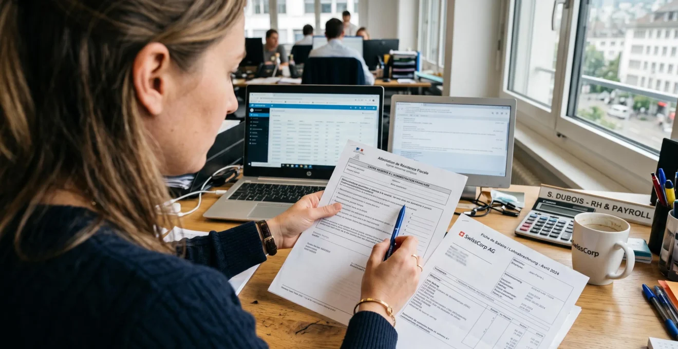 Un gestionnaire de paie vérifie une attestation de résidence fiscale sur son bureau.