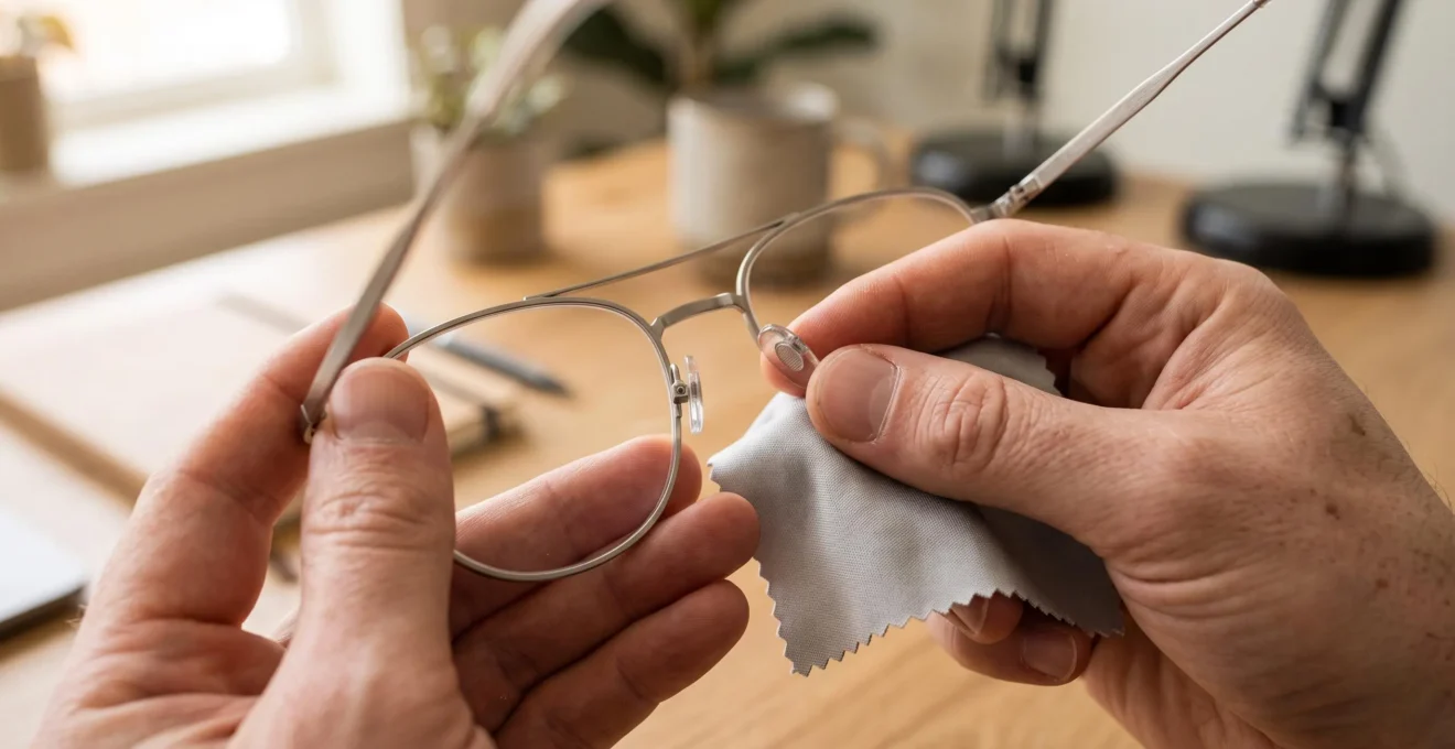Des mains examinent de près les plaquettes nasales d'une monture métal au-dessus d'un bureau.